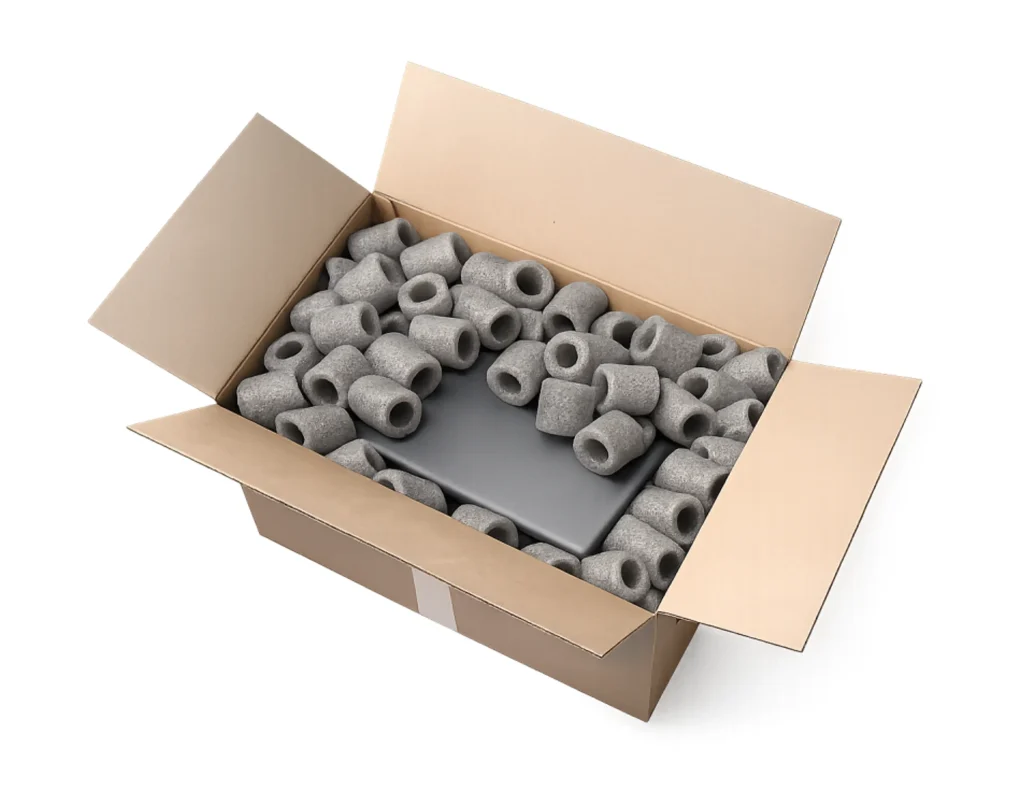 Relleno para empaque Tubipack protegiendo productos dentro de una caja de envío